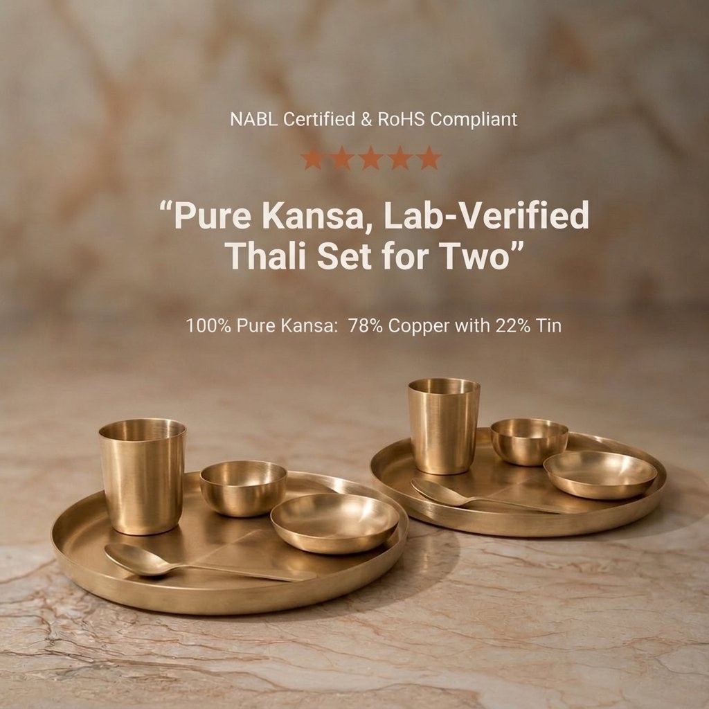Pure kansa thali set for two - NABL certified and RoHS compliant, 78% copper 22% tin bronze