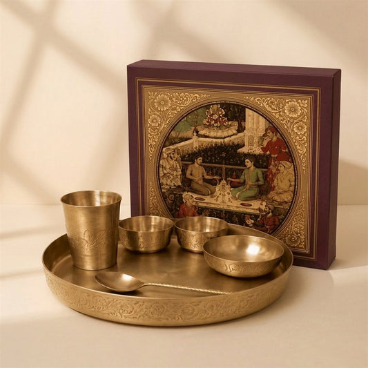 Kansa Hand Carved Thali Set, 6 pcs, pure bronze, with heritage gift box
