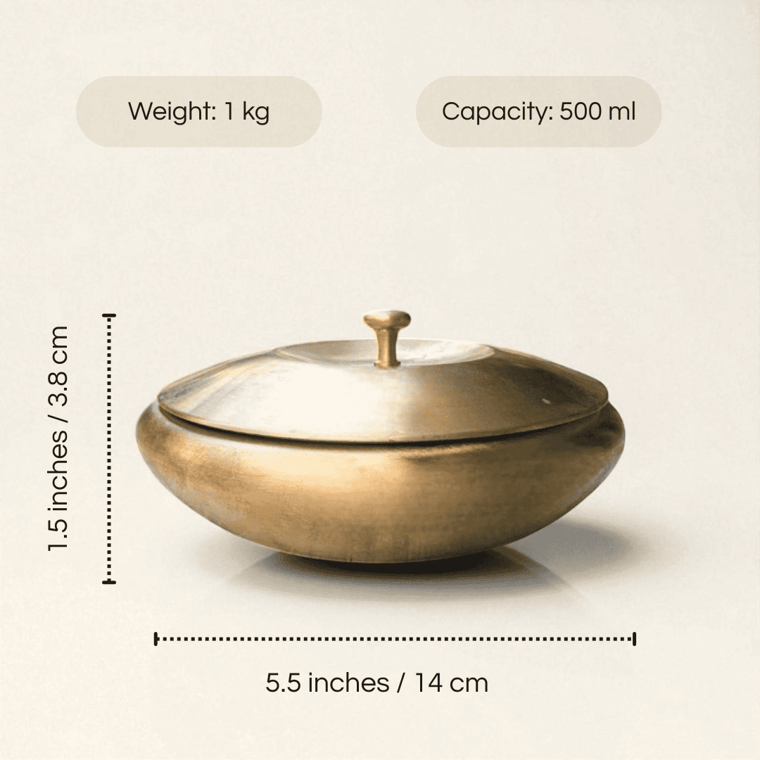 Kansa handi apple shape 500ml with a polished bronze finish and a round lid for kitchen storage