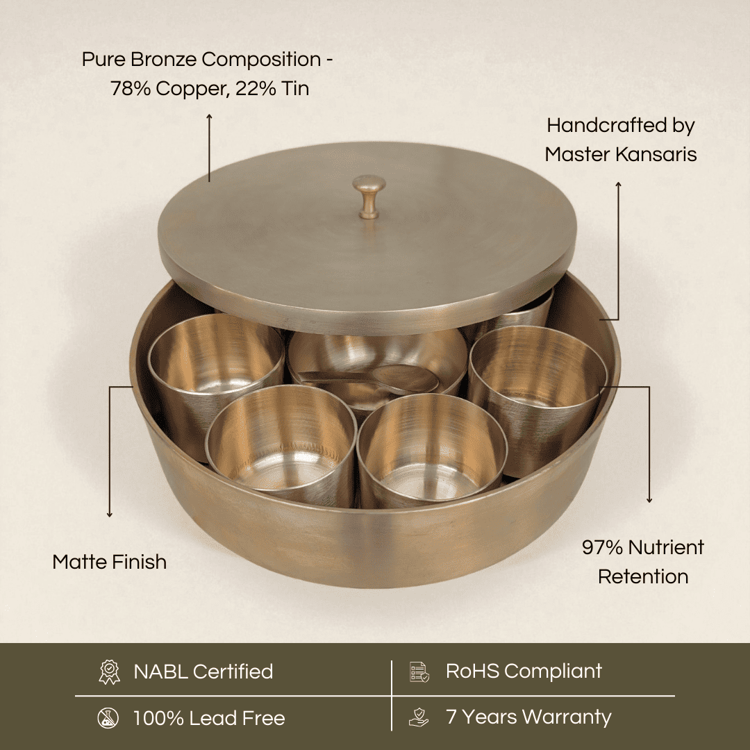 Kansa masala box spice box handcrafted from pure bronze with a matte finish and six inner cups