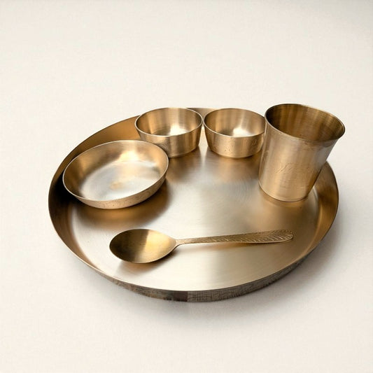 Kansa thali set hand carved 6 pcs including a plate, bowls, cups, and spoon for dining and serving