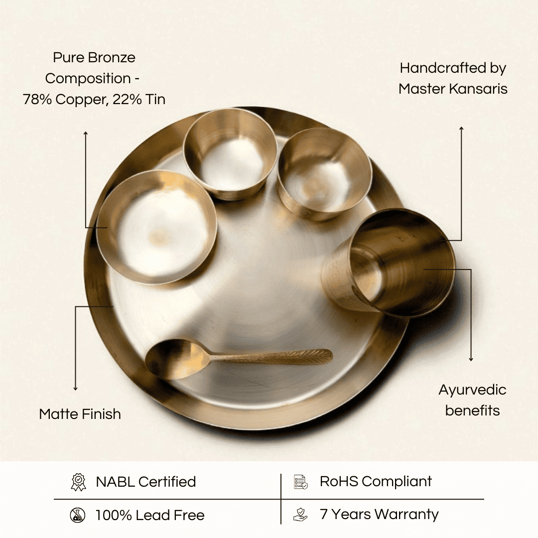 Kansa thali set hand carved 6 pcs with matte finish and Ayurvedic benefits, crafted by Master Kansaris