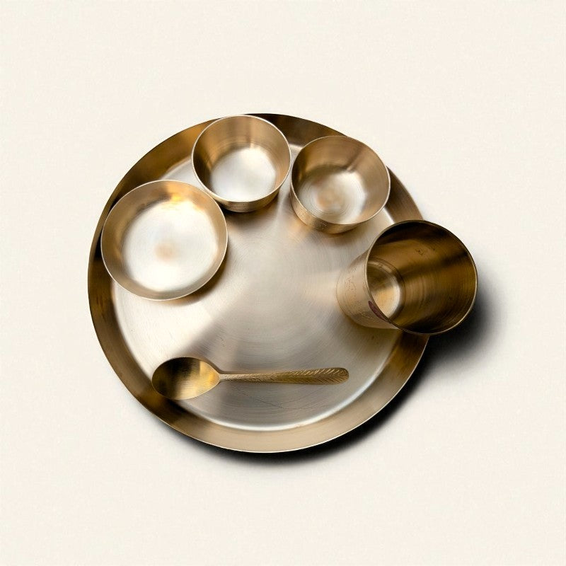 Kansa thali set hand carved 6 pcs featuring a round plate, bowls, a glass, and a spoon