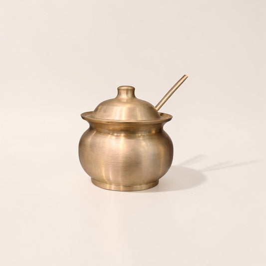 Kansa Oil / Ghee Loti with Lid & Spoon, Matte finish, 220 ml