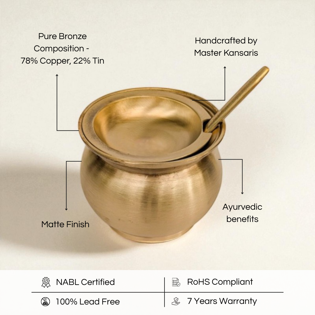 Kansa Oil / Ghee Loti with Lid & Spoon, Matte finish, 220 ml