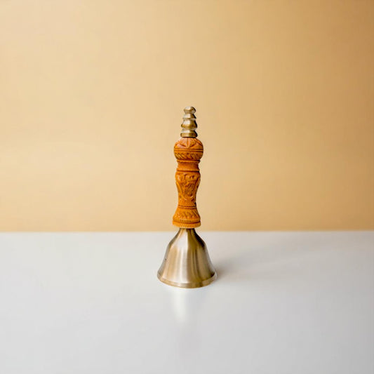 Kansa Hand Bell Pooja Ghanti Bronze 5 inch with wooden carved handle for spiritual rituals