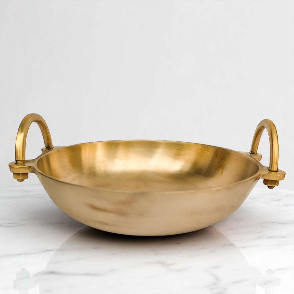 Front-facing view of Kansyam Ruby kansa kadai, 4 litres, placed on a marble surface