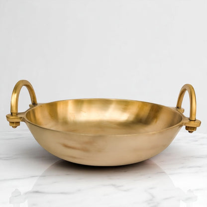 Front-facing view of Kansyam Ruby kansa kadai, 4 litres, placed on a marble surface