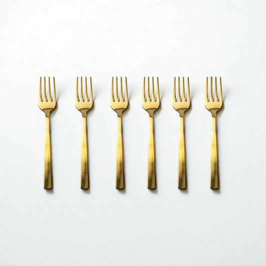 Set of six Kishco Cutlery Gold PVD Baby Forks with sleek modern design on white background