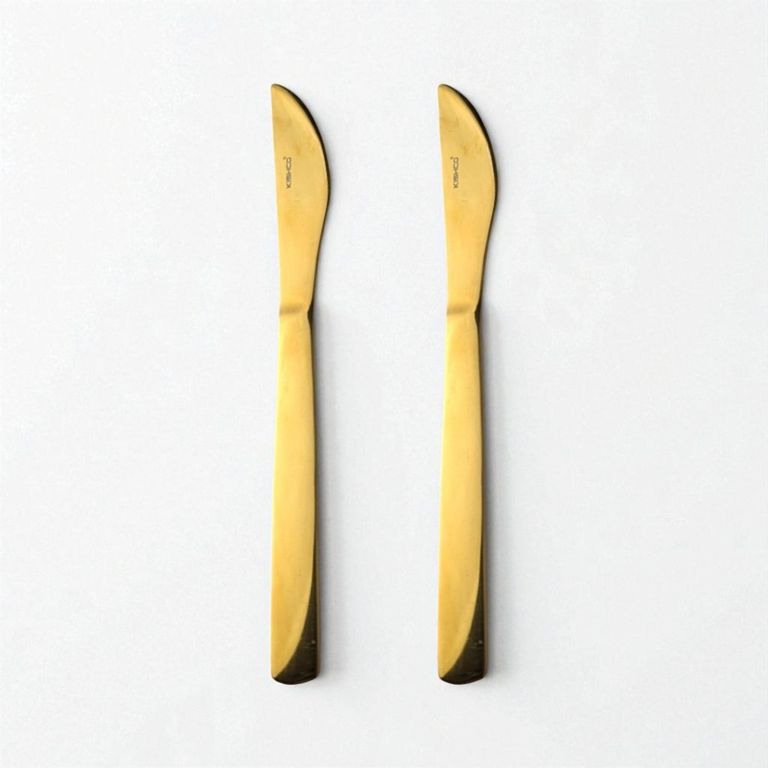 Two Kishco Cutlery Gold PVD Dinner Knife set with sleek gold finish and modern design
