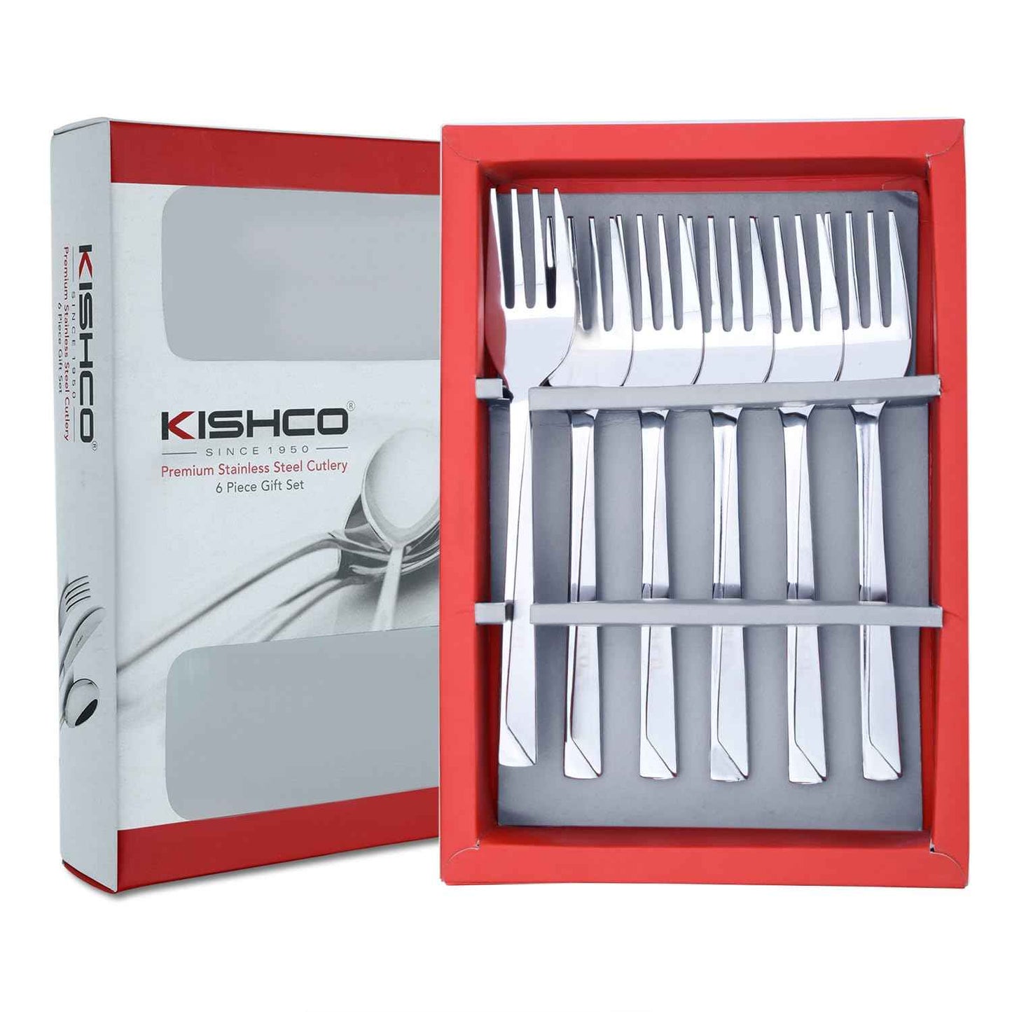 Kishco Cutlery Olympus Baby Fork set with stainless steel forks in red and white gift box
