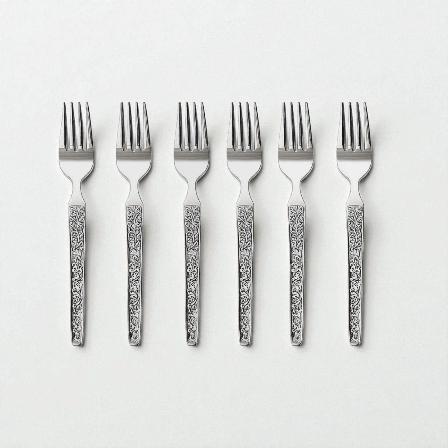 Set of six Kishco Cutlery Parma Baby Forks with ornate floral patterned handles in silver finish
