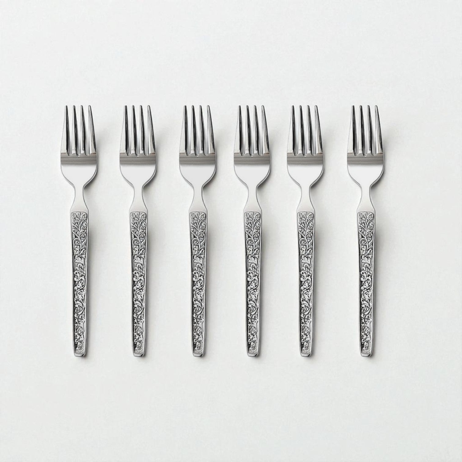 Set of six Kishco Cutlery Parma Baby Forks with ornate floral patterned handles in silver finish