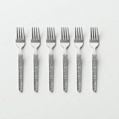 Set of six Kishco Cutlery Parma Baby Forks with ornate floral patterned handles in silver finish