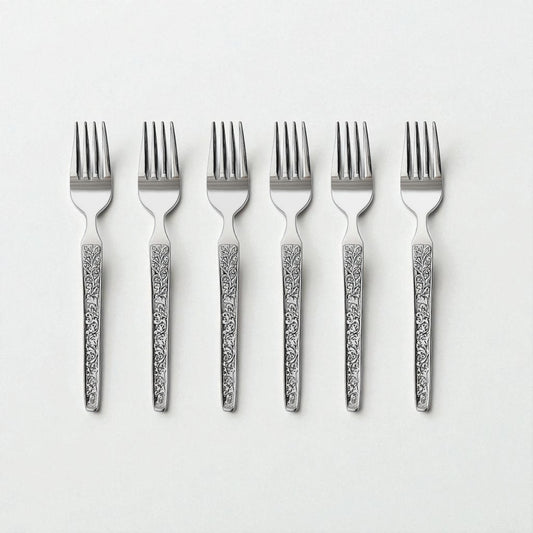 Set of six Kishco Cutlery Parma Baby Forks with ornate floral patterned handles in silver finish
