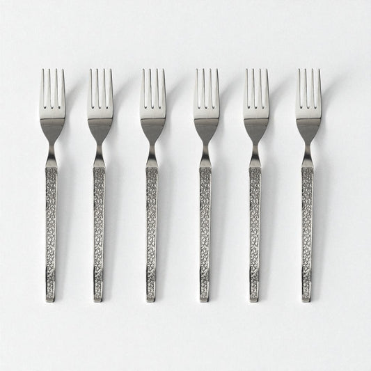 Set of six Kishco Cutlery Parma Dinner Forks with textured handles arranged on white background