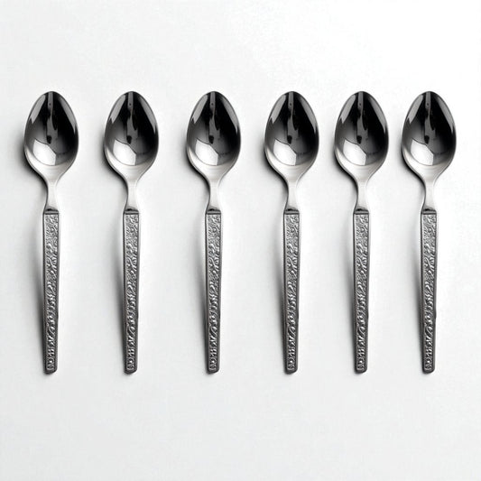 Set of six Kishco Cutlery Parma Dinner Spoons with textured handles in stainless steel