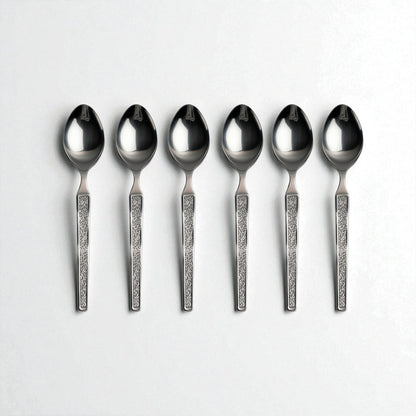 Set of six Kishco Cutlery Parma Tea Spoons with decorative textured handles on white background