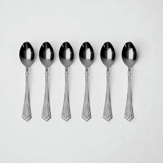 Set of six Kishco Cutlery Symphony Baby Spoons in polished silver finish with detailed handles