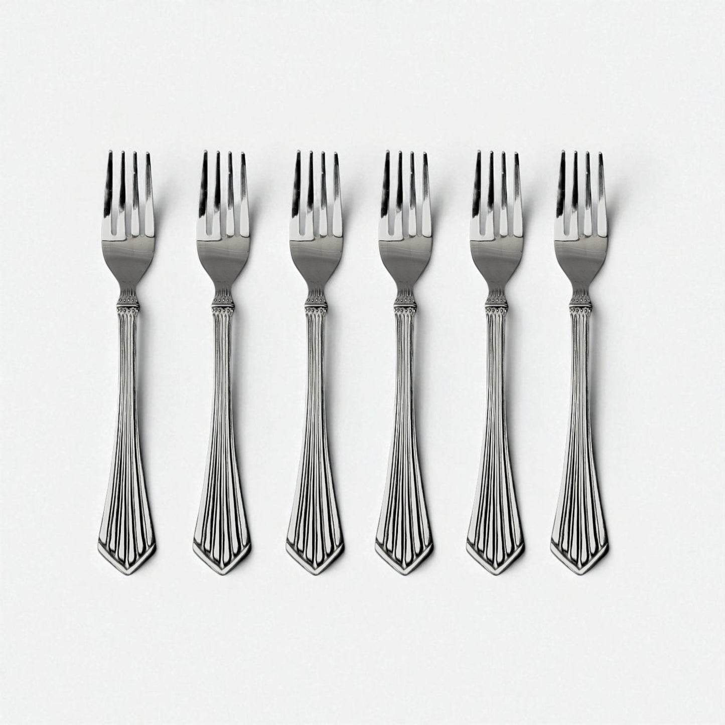 Set of six Kishco Cutlery Symphony Dinner Forks with patterned handles in stainless steel