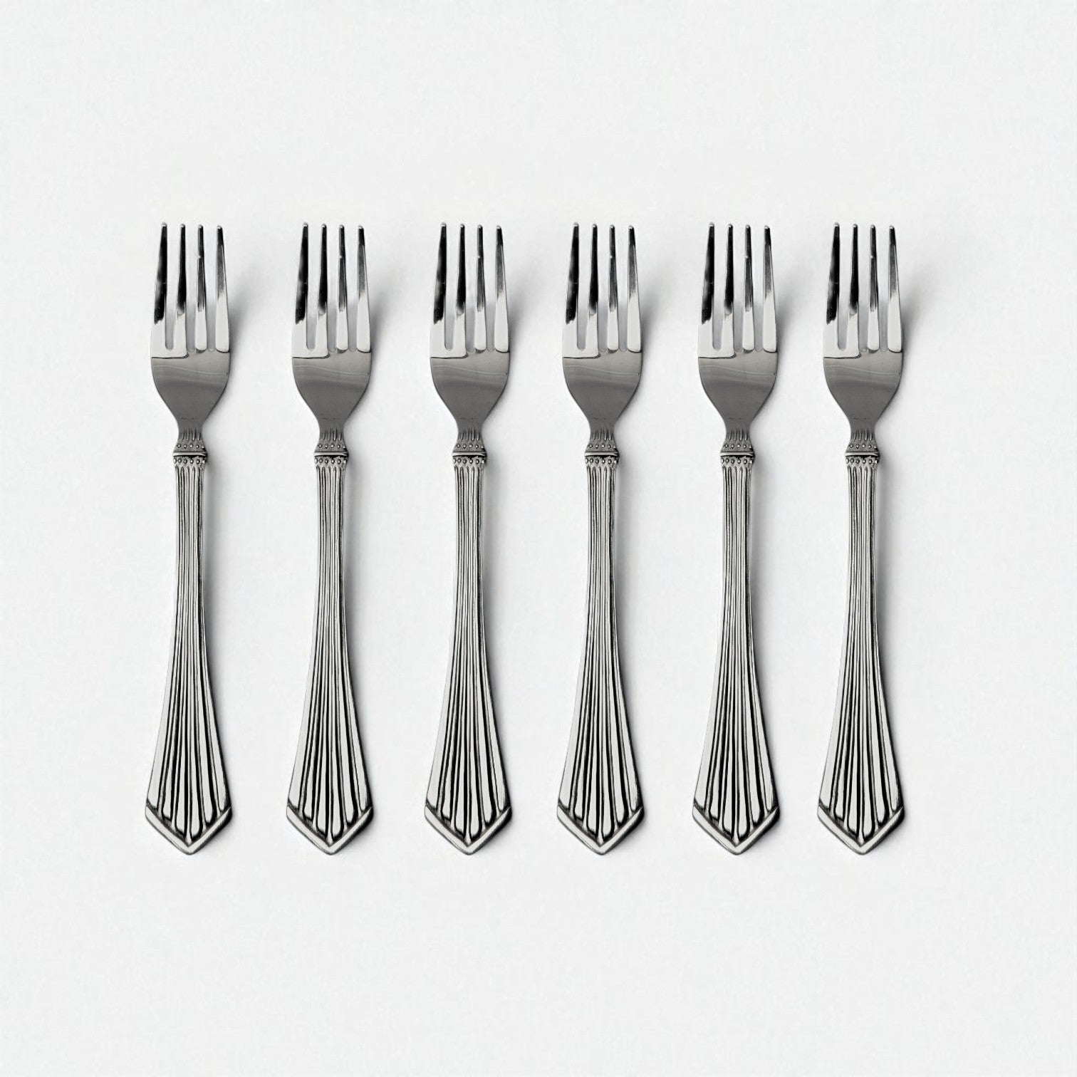 Set of six Kishco Cutlery Symphony Dinner Forks with patterned handles in stainless steel