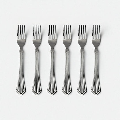 Set of six Kishco Cutlery Symphony Dinner Forks with patterned handles in stainless steel
