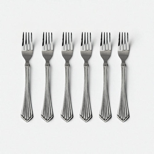 Set of six Kishco Cutlery Symphony Dinner Forks with patterned handles in stainless steel