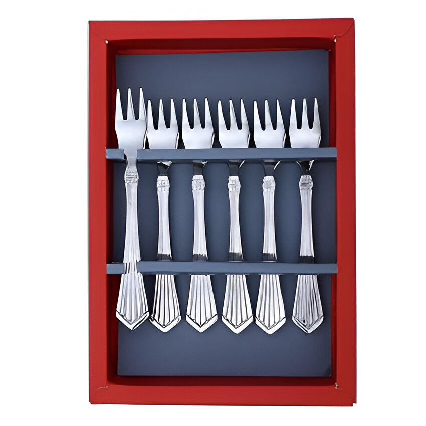 Set of six Kishco Cutlery Symphony Fruit Forks in silver with elegant patterned handles in red box