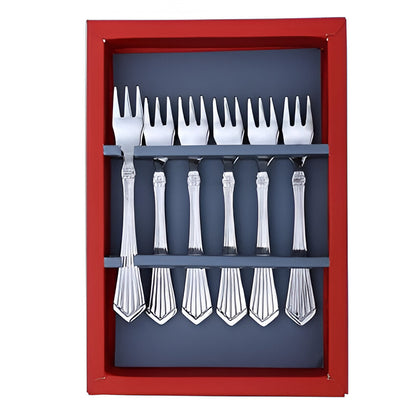Set of six Kishco Cutlery Symphony Fruit Forks in silver with elegant patterned handles in red box
