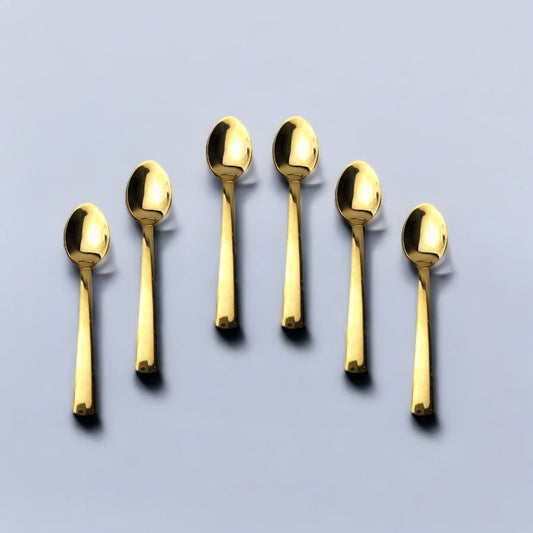Kishco Gold Plated Stainless Steel Coffee Spoon Set of 6 shiny spoons on gray background