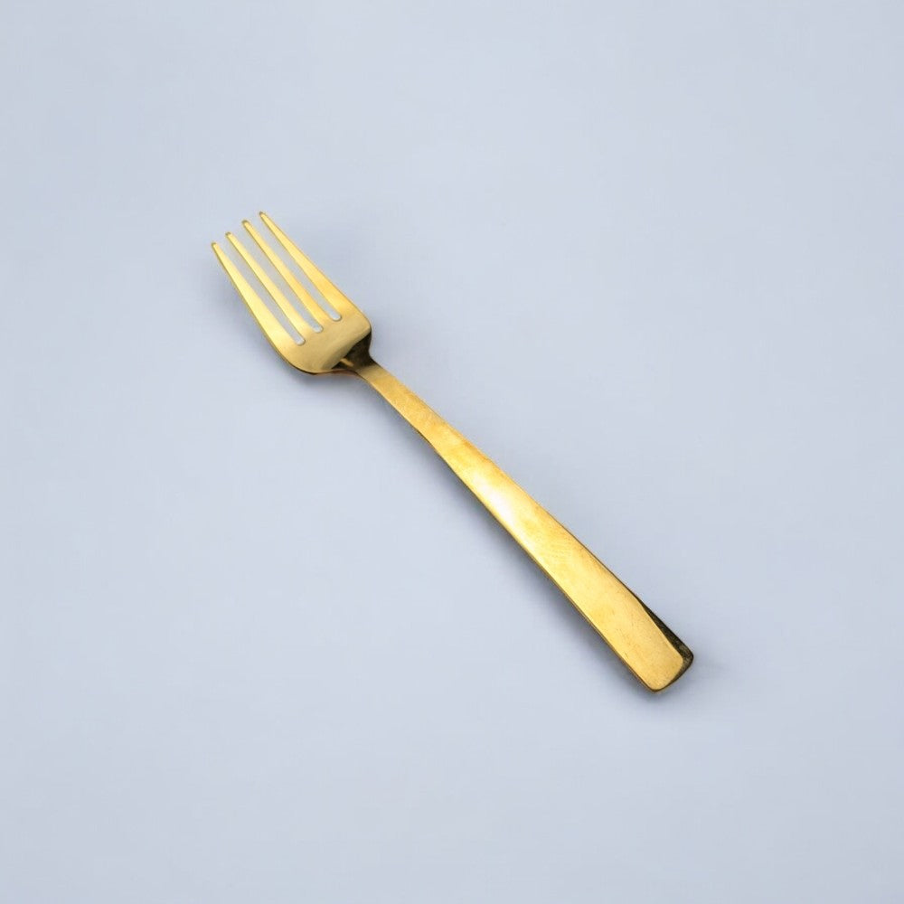 Kishco Gold Plated Stainless Steel Dinner Forks Set of 6 single gold fork on gray background