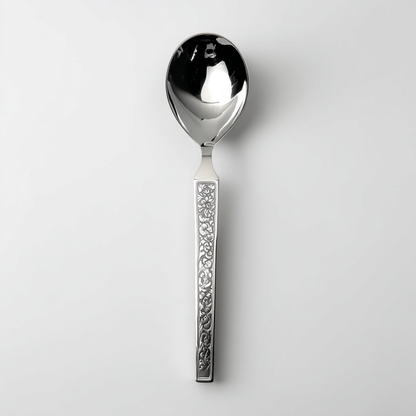 Kishco Parma Serving Spoon Round Large with decorative handle and polished stainless steel bowl