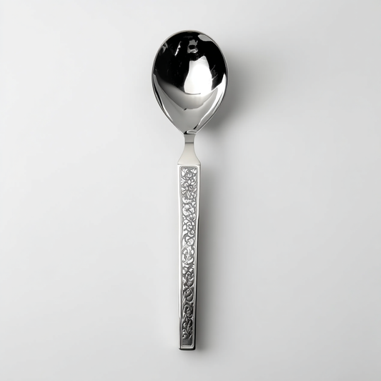 Kishco Parma Serving Spoon Round Large with decorative handle and polished stainless steel bowl