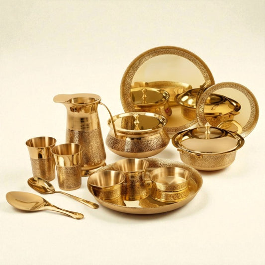Lily Brass Dinner Set 57 pcs, Heritage - 18 Plates, 12 Bowls, 6 Glasses, 1 jug, 4 Serving Bowls, 4 Serving Spoons, 12 Spoons