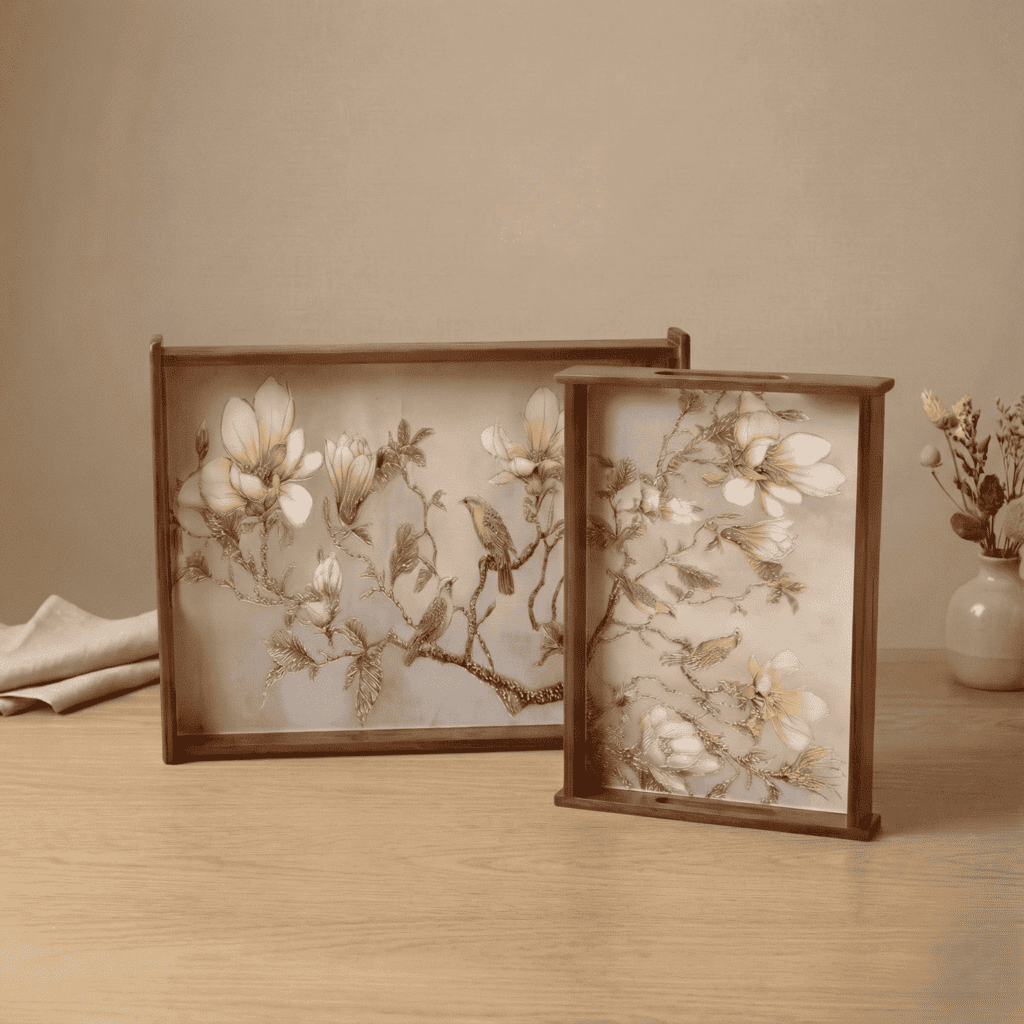 Magnolia Perch Wooden Serving Tray Set of 2 Premium Teak Wood with elegant floral design