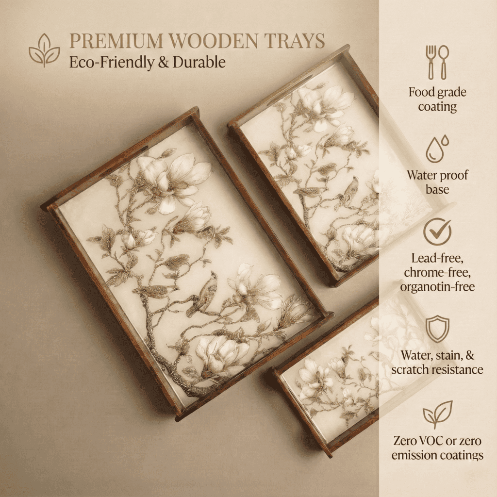 Magnolia Perch Wooden Serving Tray Set of 3 Teak Wood with eco-friendly, waterproof, and durable features