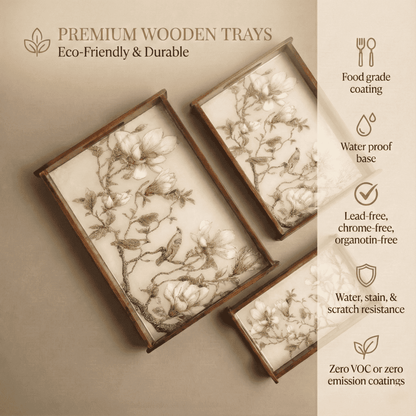 Magnolia Perch Wooden Serving Tray Set of 3 Teak Wood with eco-friendly, waterproof, and durable features