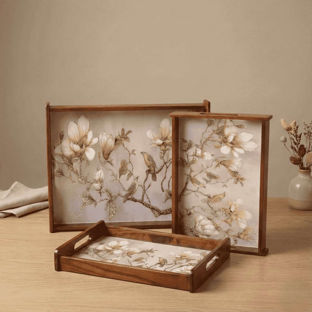 Magnolia Perch Wooden Serving Tray Set of 3 Teak Wood with floral designs for elegant serving