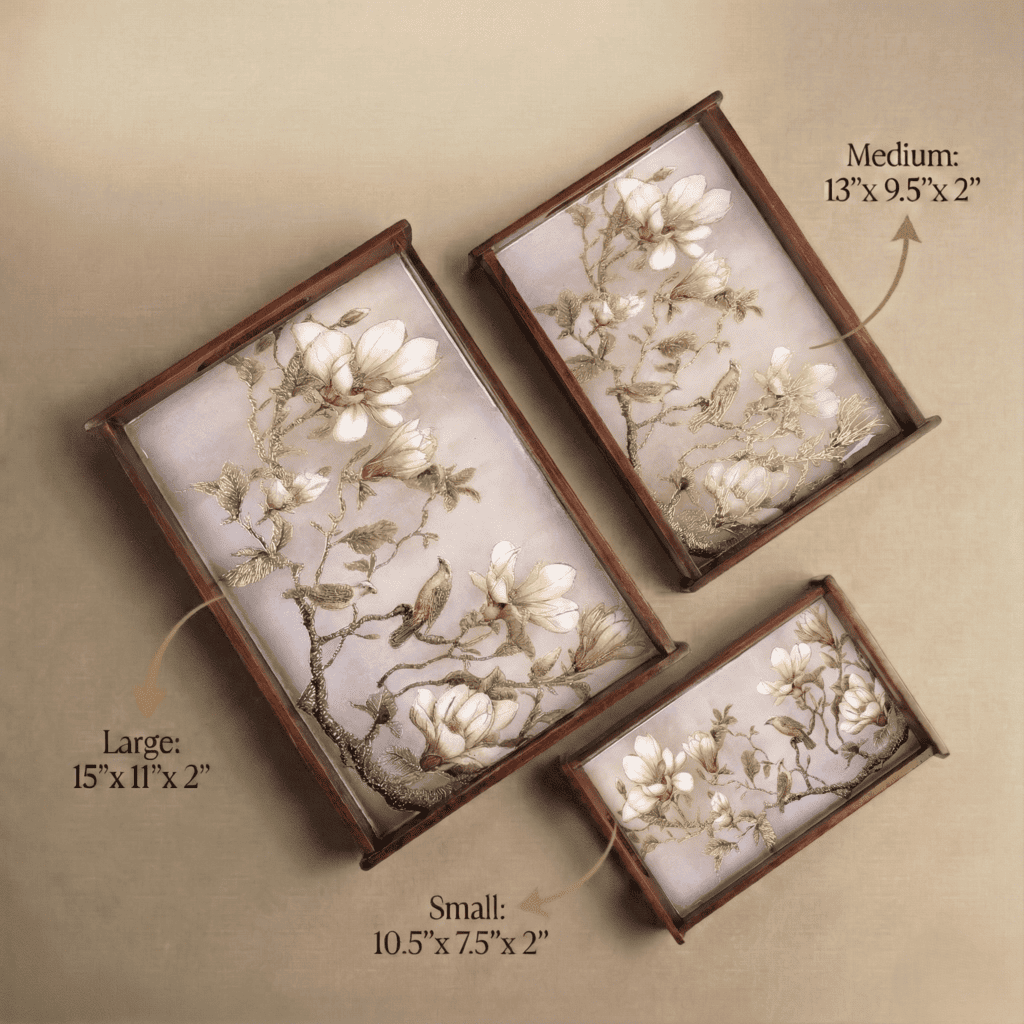 Magnolia Perch Wooden Serving Tray Set of 3 Teak Wood featuring different sizes with floral design