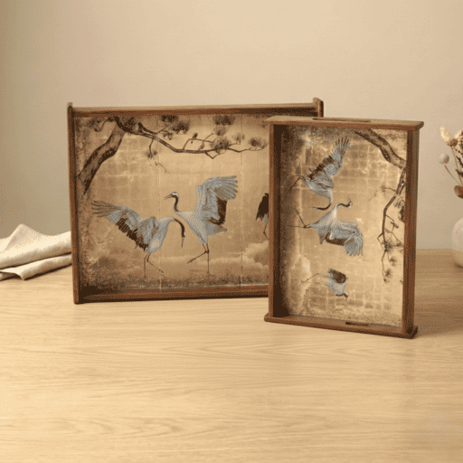 Majestic Heron Wooden Serving Tray Set of 2 Premium Teak Wood with Elegant Crane Design