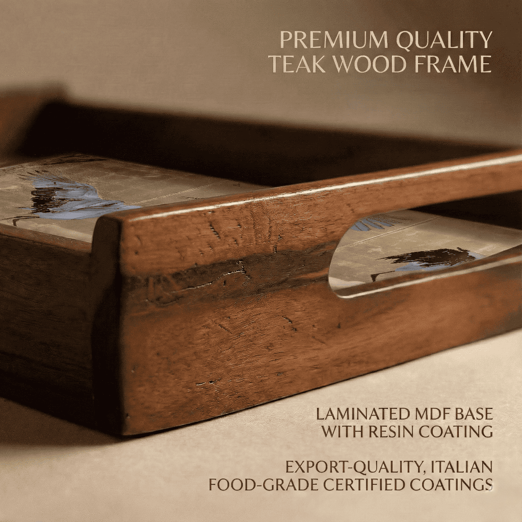 Majestic Heron Wooden Serving Tray Set of 2 Premium Teak Wood with resin-coated laminate base