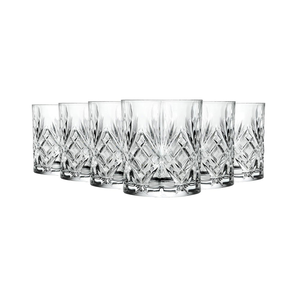 Single RCR Melodia DOF whiskey glass with diamond-cut design, displayed on a white background.