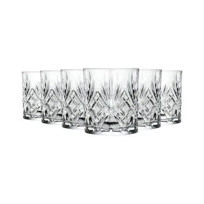 Single RCR Melodia DOF whiskey glass with diamond-cut design, displayed on a white background.