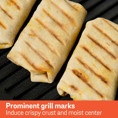 Meyer Cast Iron Grill Pan with three grilled burritos showing prominent grill marks and crispy crust