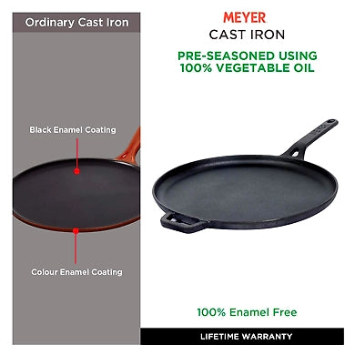 Meyer Pre-Seasoned Cast Iron Flat Dosa Tawa, 28cm Tawa