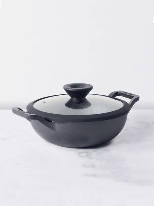 Meyer Pre-Seasoned Cast Iron Kadhai 20cm with Glass Lid, 1.5 liters Kadhai