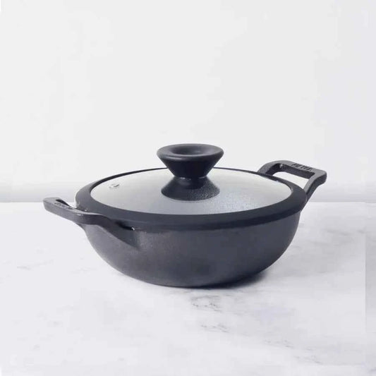 Meyer Pre-Seasoned Cast Iron Kadhai 24cm with Glass Lid, 2 liters