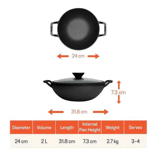 Meyer Pre-Seasoned Cast Iron Kadhai 24cm with Glass Lid, 2 liters