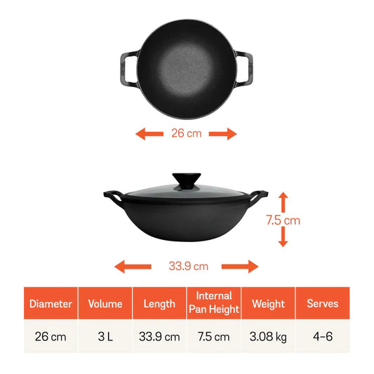 Meyer Pre-Seasoned Cast Iron Kadhai 26cm with glass lid, 3 liters Kadhai