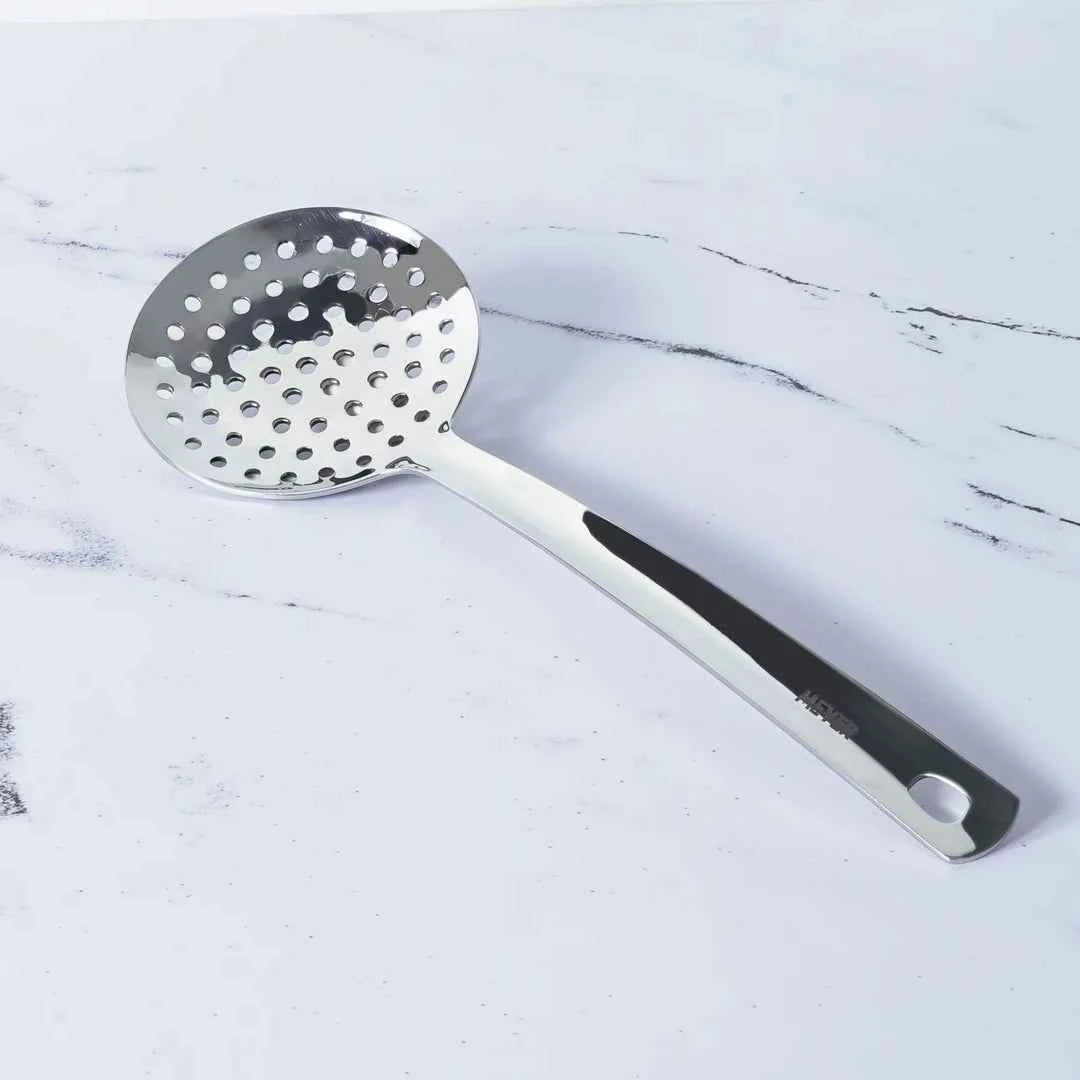 Meyer Stainless Steel Skimmer with perforated round head and ergonomic handle for efficient cooking